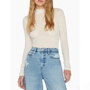 Frame Textured Mesh Mock Neck Turtleneck Blouse Top Sheer Cream Contemporary XS